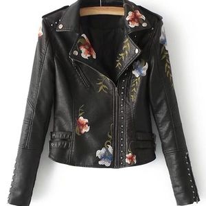 New Faux Leather Floral Embroidered Moto Jacket